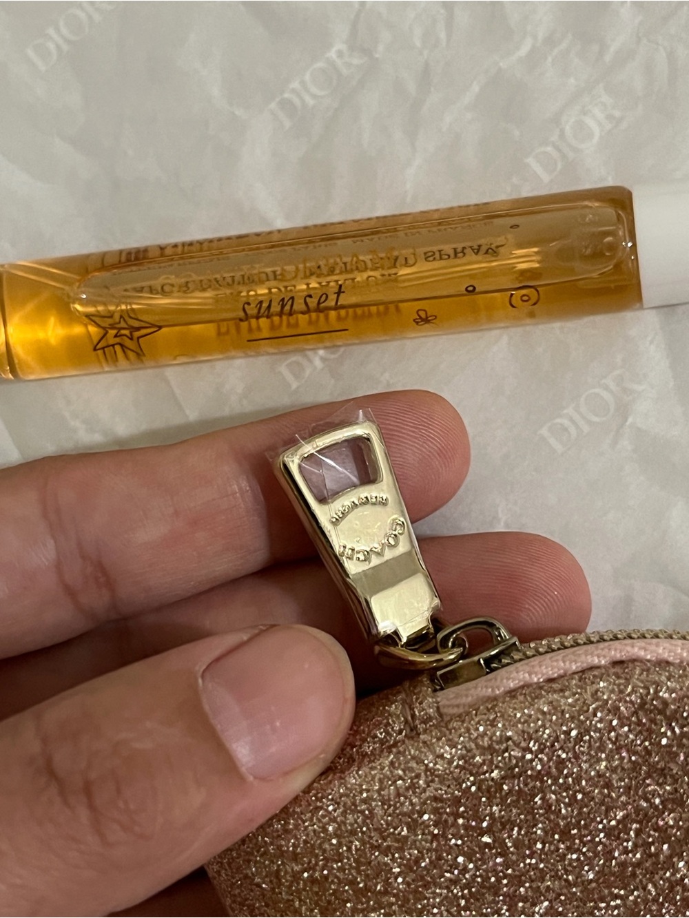 COACH Rose Gold Glitter Zip Cosmetic Pouch with Gold Logo - Picture 4 of 12